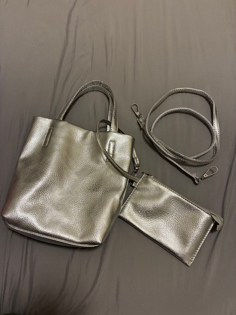 SHEIN Metallic Silver Shoulder Bag with Pouch 2WAY Handbag