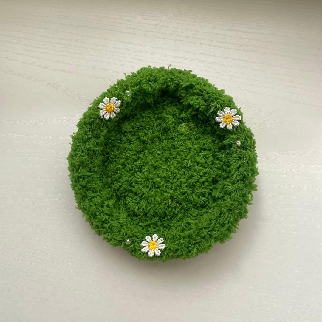 Fluffy Grass Coaster Green Knitting Daisy Small Item Holder Handmade【112】