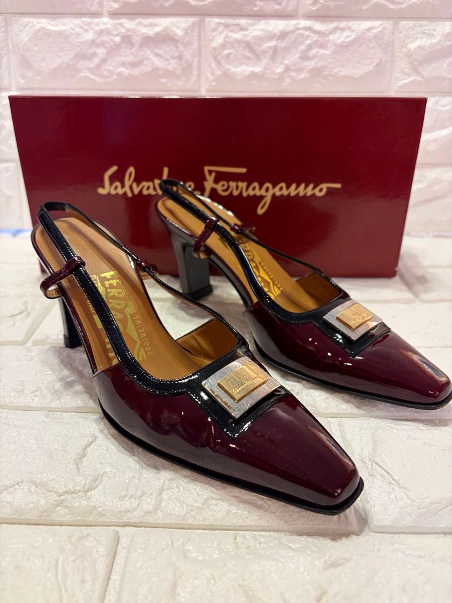 #美品 Salvatore Ferragamo 波尔多色露跟浅口鞋