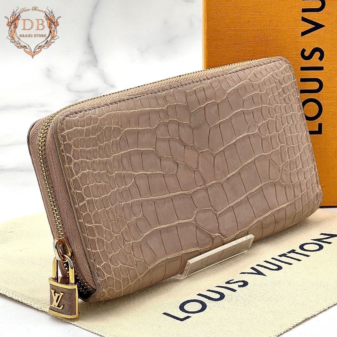 [With Box and Dust Bag] Louis Vuitton Zippy Wallet, Crocodile Pattern, Gray Beige, Women’s Wallet, Alligator