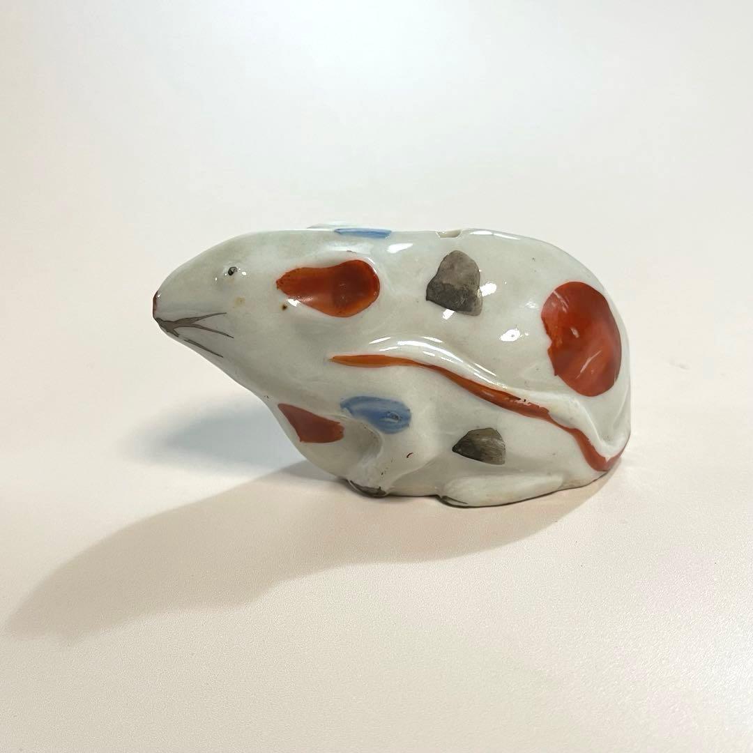Early Showa Period Antique Imari Three-Color Mouse Water Dropper Porcelain Figurine with Polka Dot Pattern Folk Craft