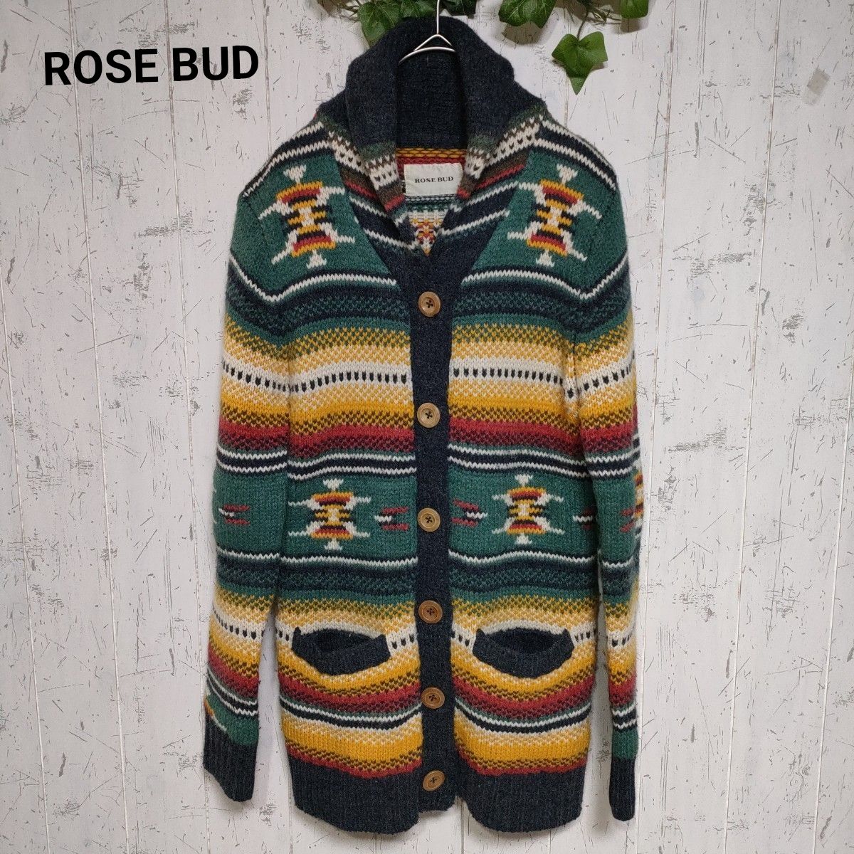 ROSE BUD ローズバッド 民族风图案 青果领针织开衫