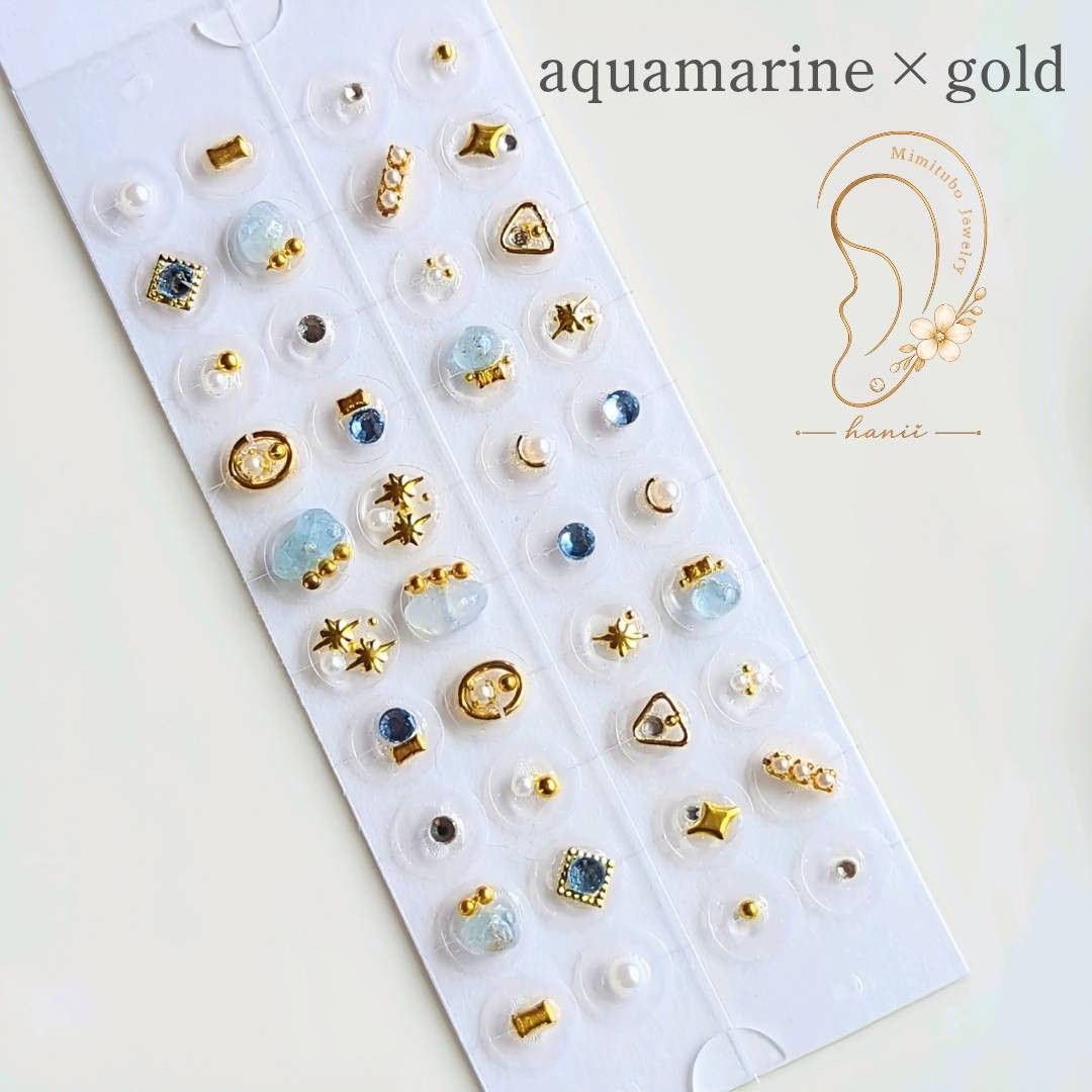 512] Ear Acupressure Jewelry, Aquamarine, Gold, 40 beads