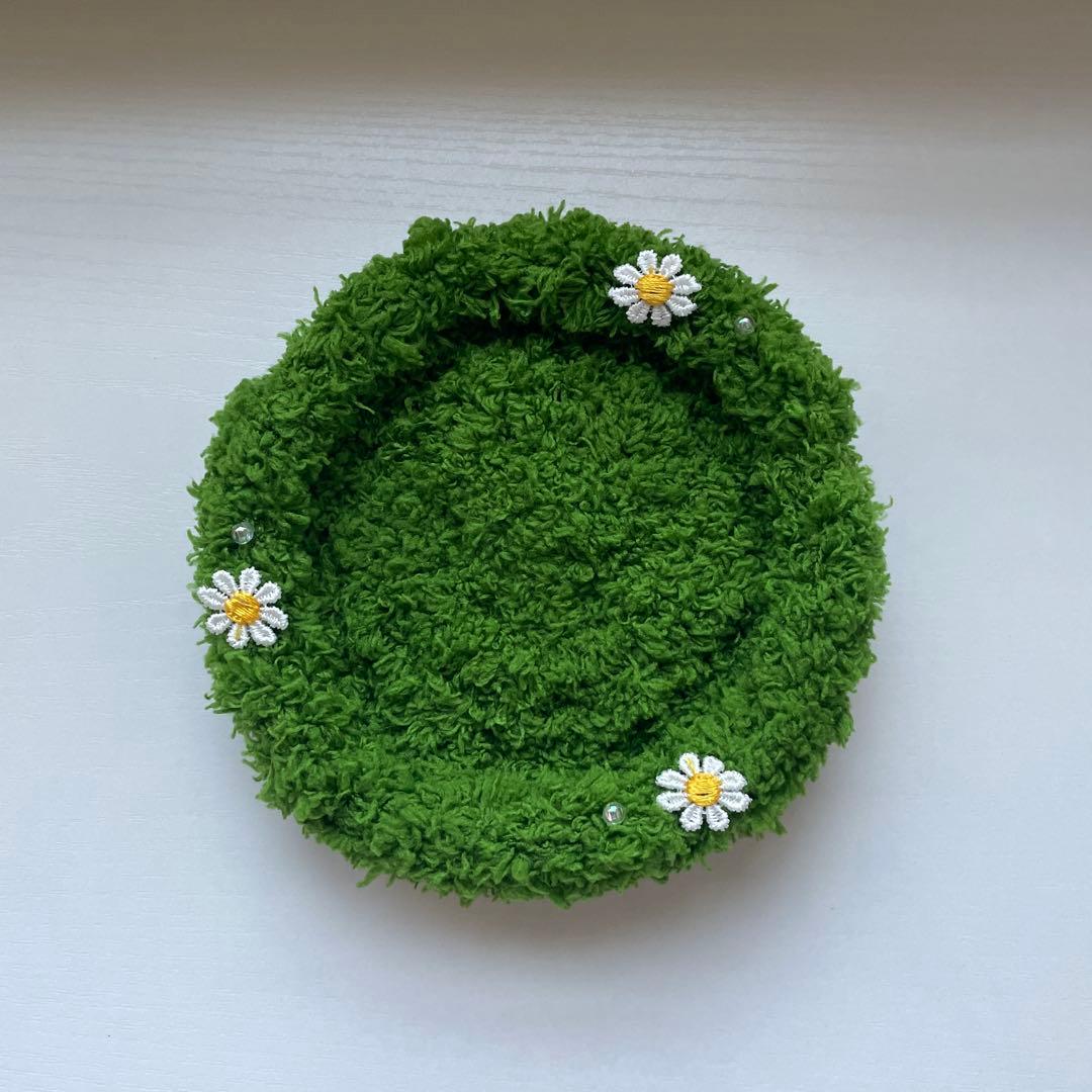 Fluffy Grass Coaster Green Knitting Daisy Small Item Holder Handmade【119】