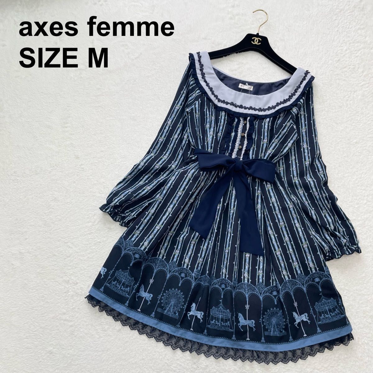 【全新未使用】axes femme 游乐场图案 露肩连衣裙 腰部系带 公主风 洛丽塔(103)