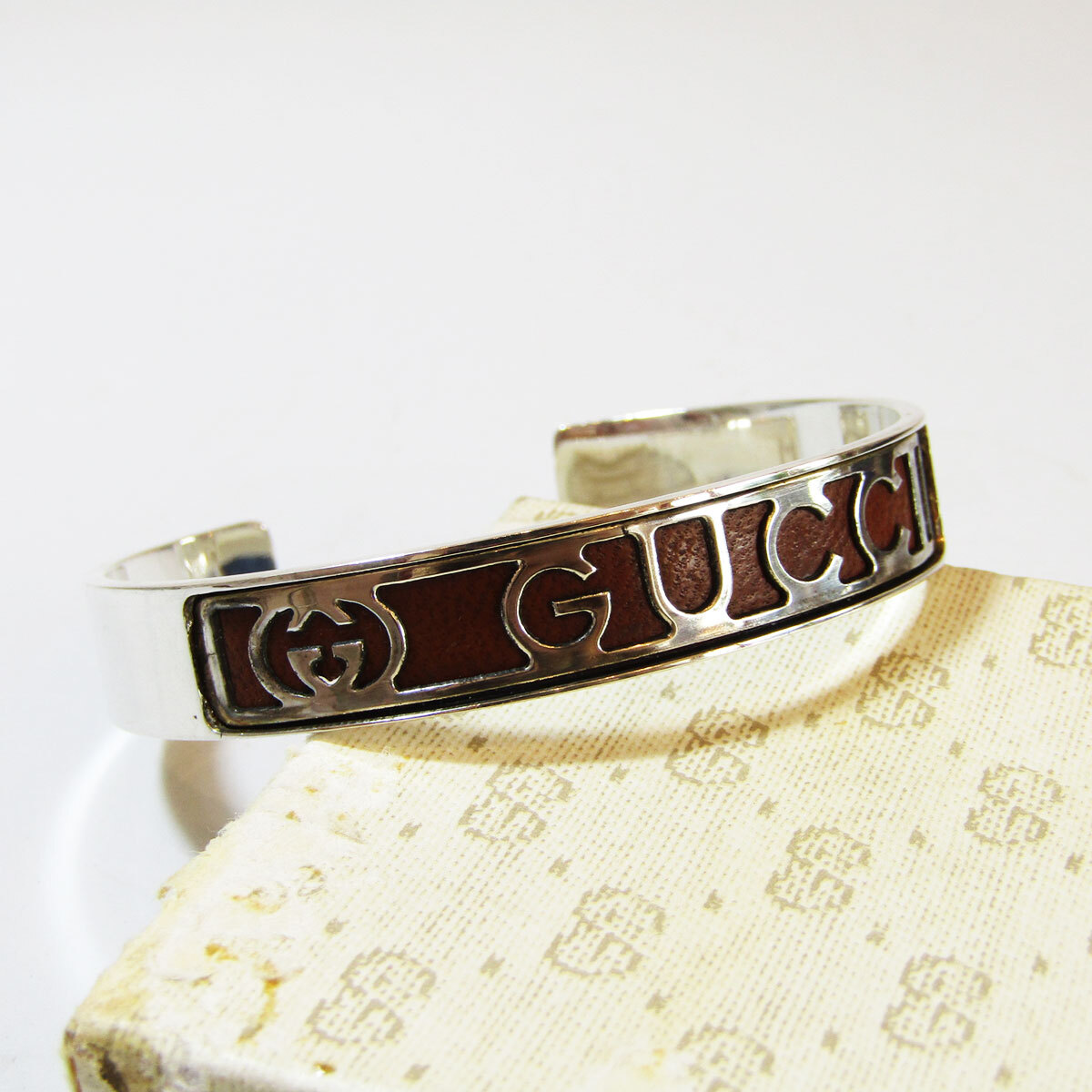 OLD GUCCI brown leather logo vintage silver 925 bangle