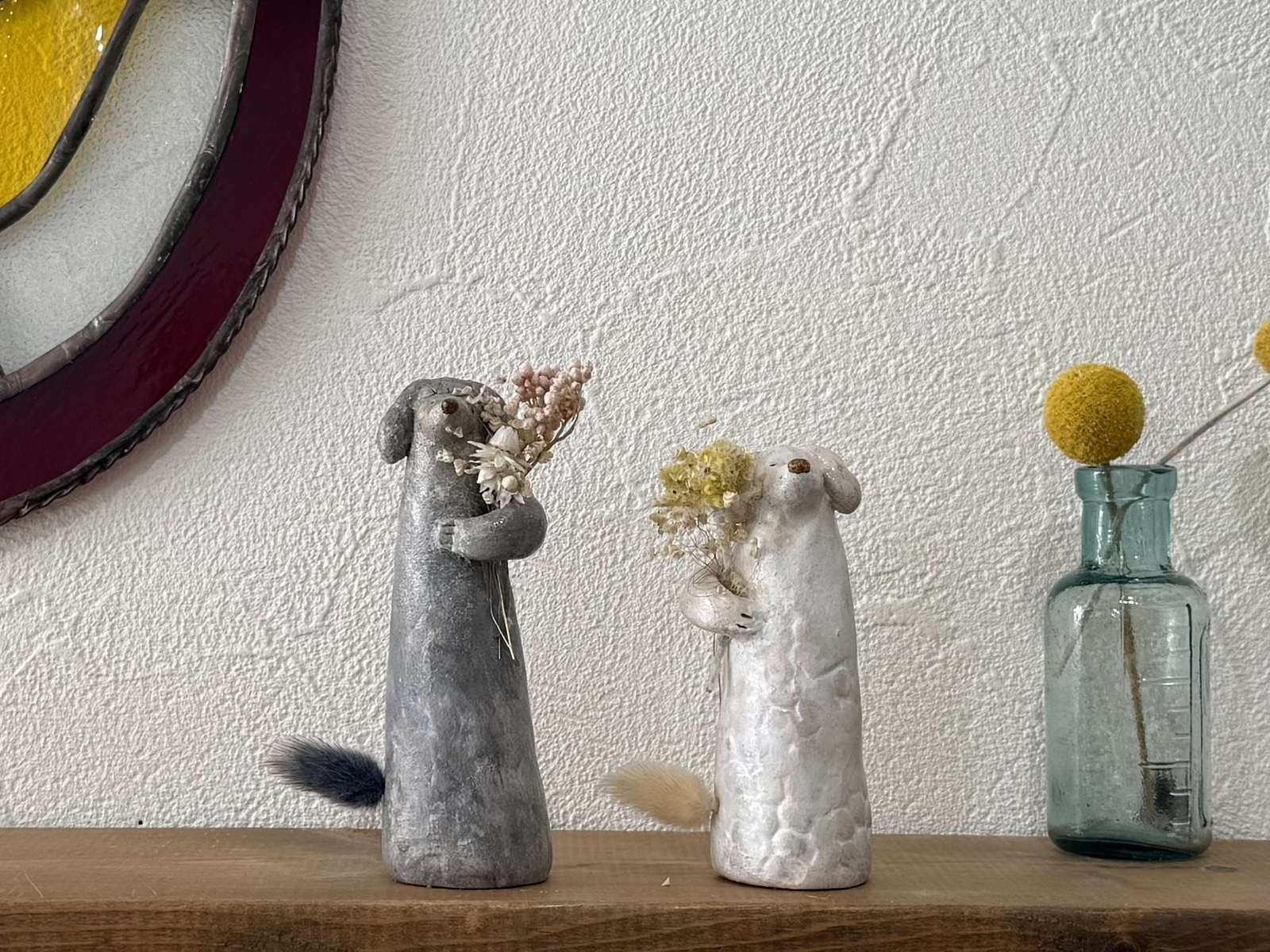 单枝花插|送花束的小狗·贵宾犬|陶土小花器·干花