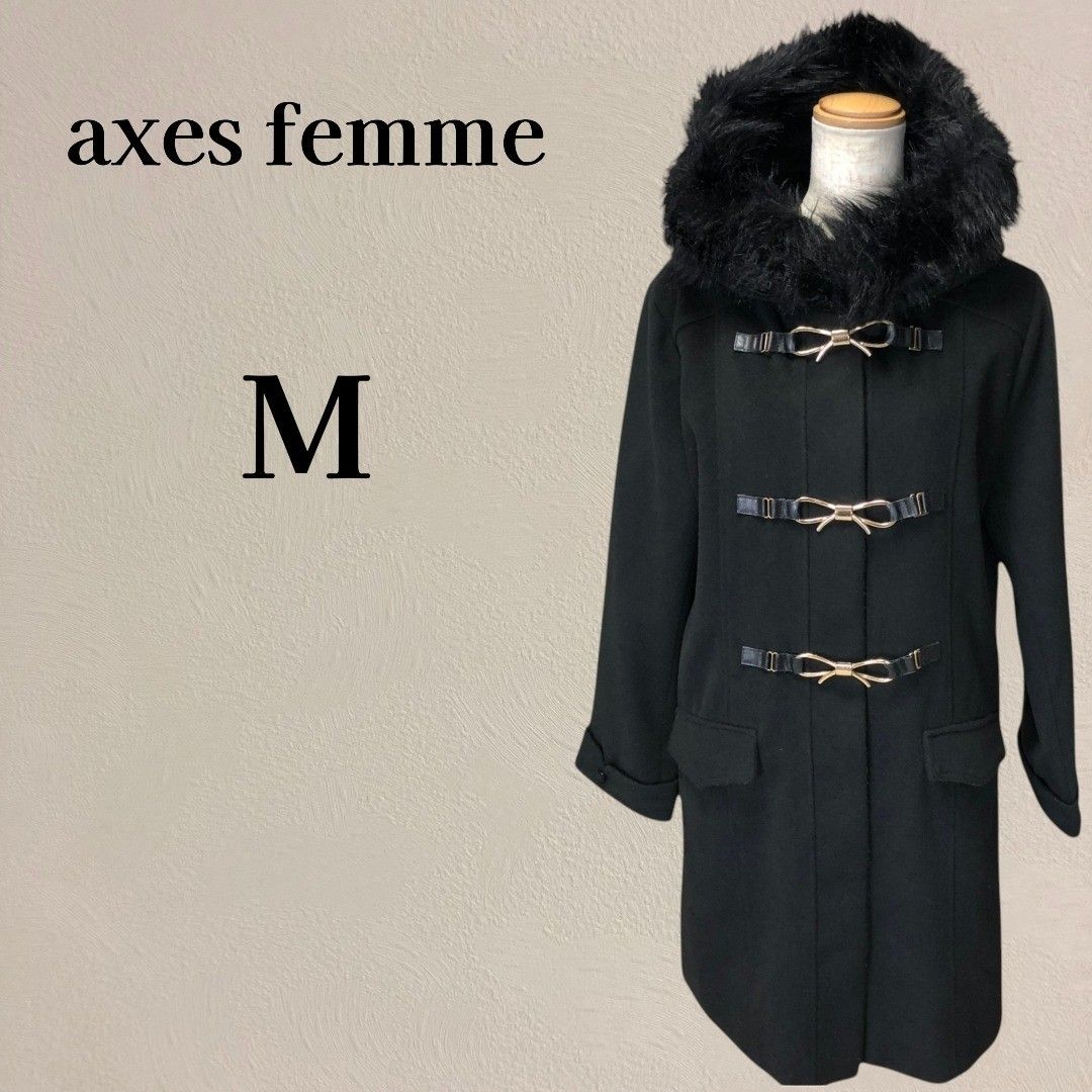 axes femme 带毛领连帽 带蝴蝶结扣大衣 黑色 M