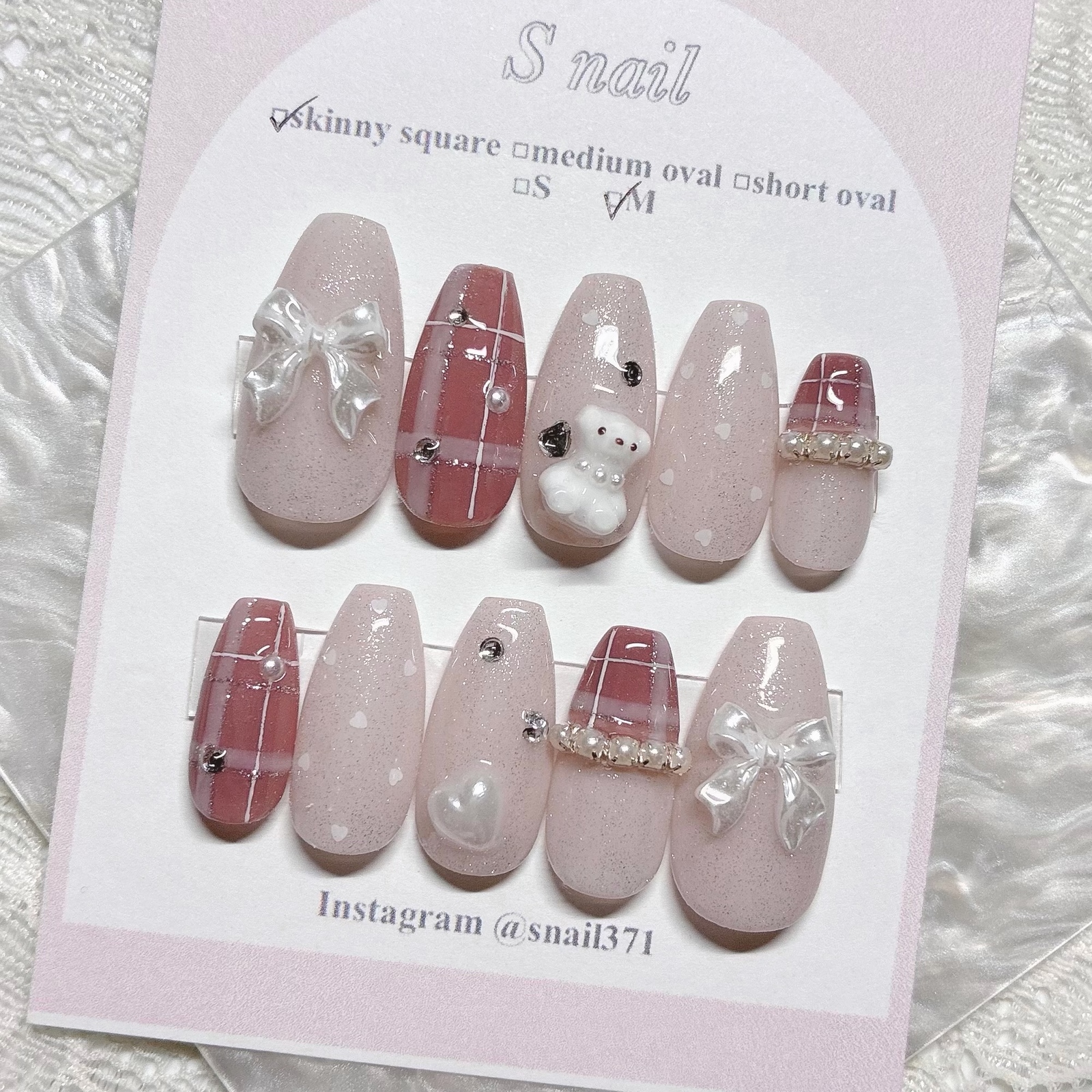 Nail tips pink check autumn nail bear heart ribbon girly Christmas