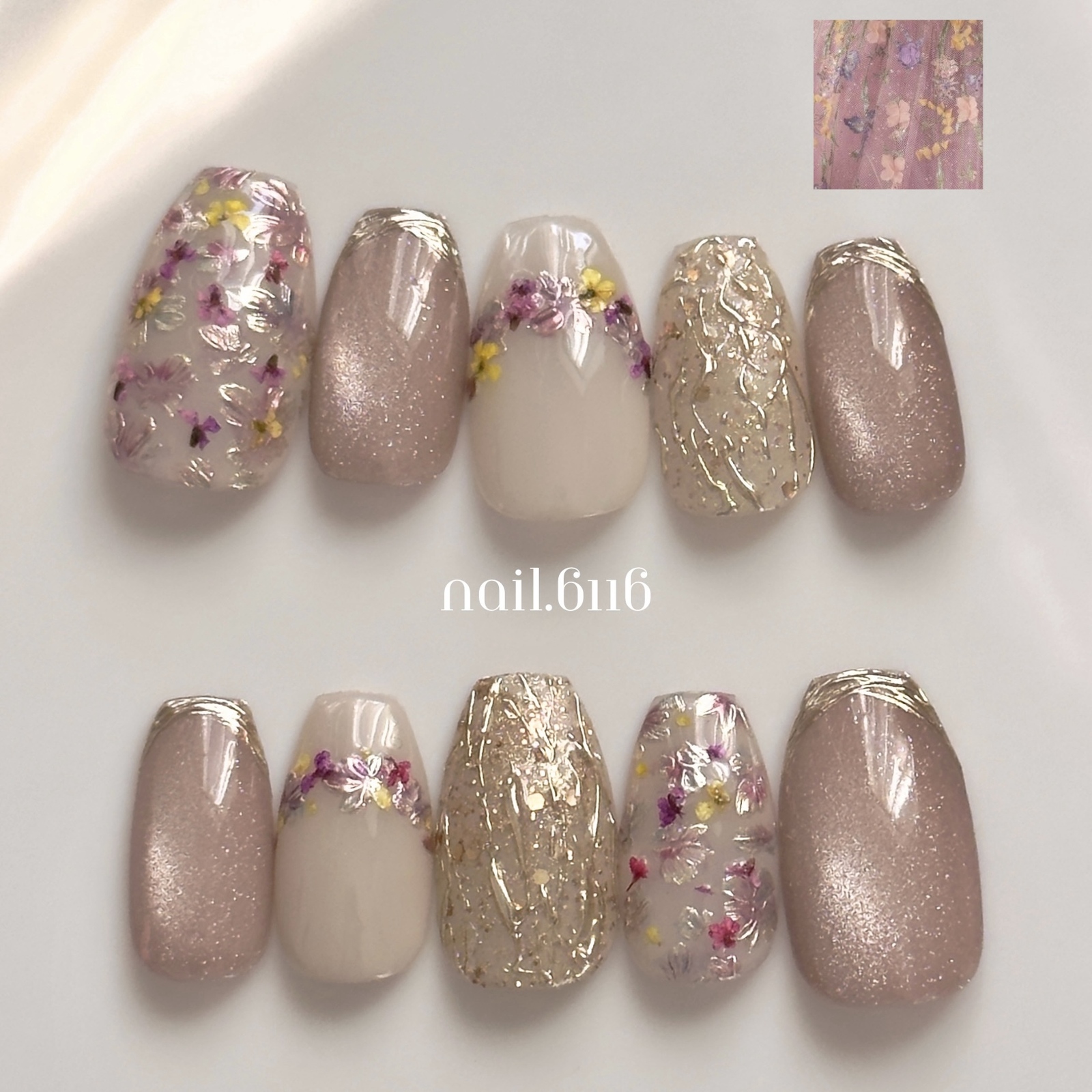 No.125 Flower Bouquet Nail Tips Magnetic Pink Nuance Art Office Occasion Bridal Wedding Silver Gold Press-On Nails