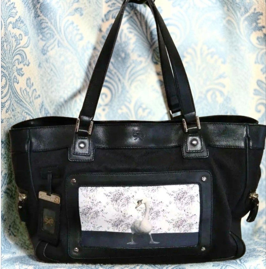☆希少美品☆ANYA HINDMARCH アニヤハインドマーチ白鳥プリント柄 スワン トートバッグ ブラック ナイロン レザー