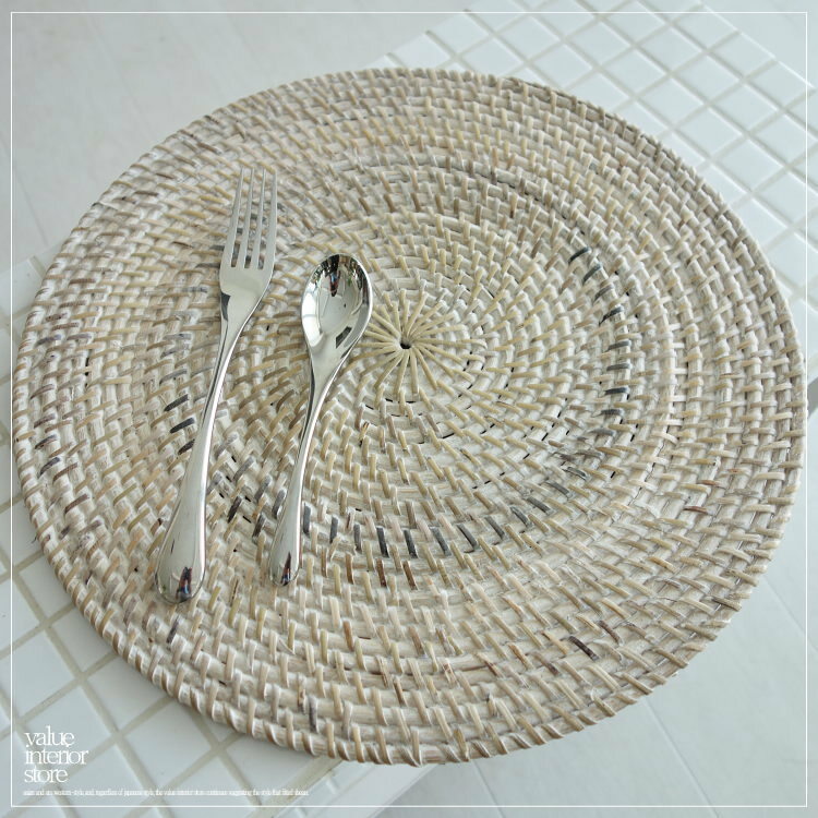 藤编午餐垫WW 手工编织垫 桌布 餐具 圆形 藤 厨房用品 自然白色 手工制作 天然材质 Φ35cm