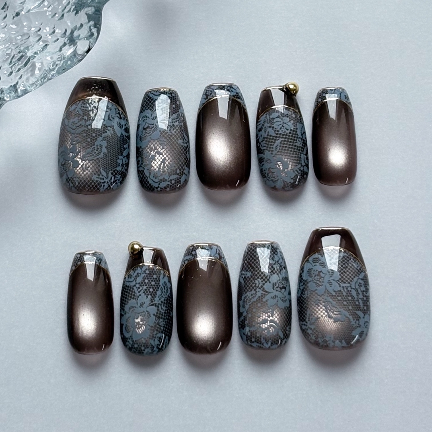 『Night Lace Nail Tips Custom Size Order Lace Magnetic Brown Blue Tea Sky Blue Smoky Antique Earrings Cuffs French Lace French Mode