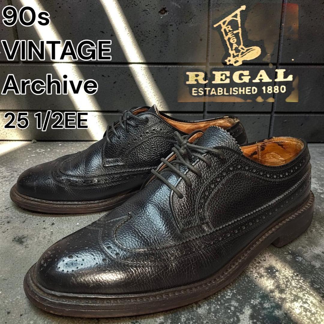 90年代 REGAL 真皮 颗粒纹 全布洛克 翼尖鞋 25.5厘米