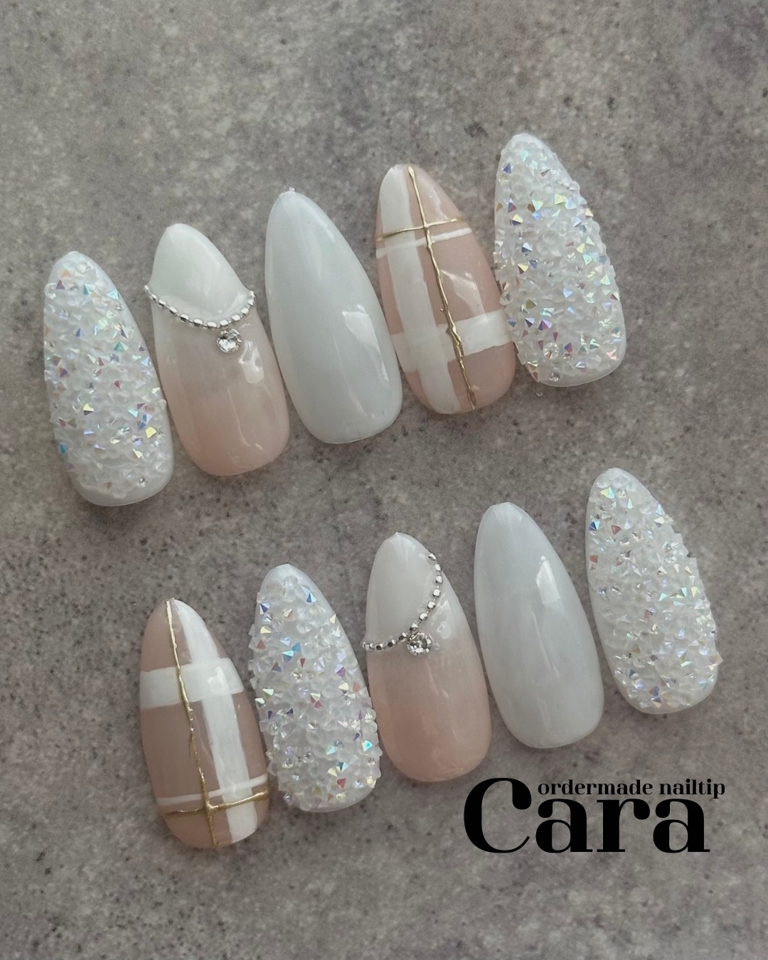 Holiday Nail Tips with One Type of Measuring Chip, Autumn/Winter Check Pattern, Zirconia Necklace, White and Pink, Classy and Cute