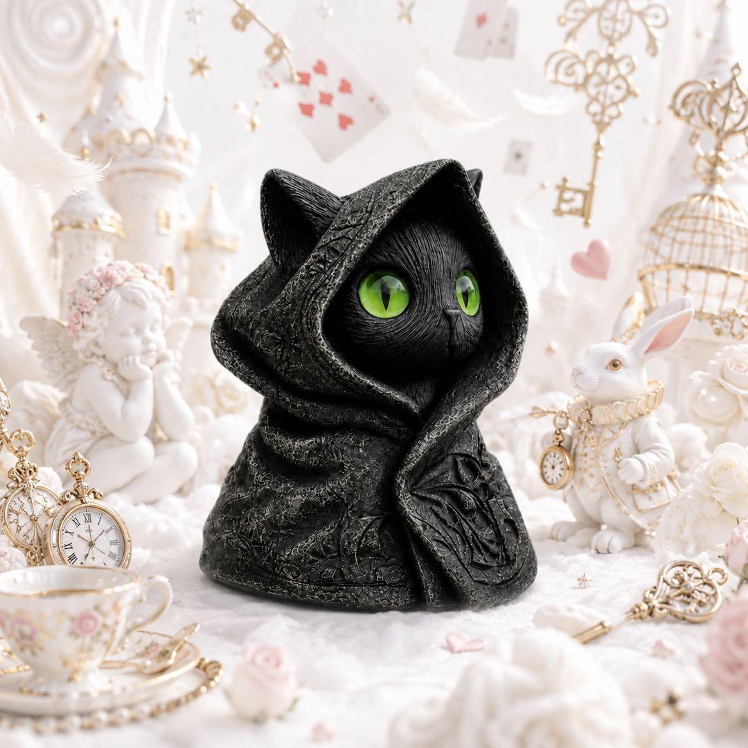 ✨神秘の黒猫オブジェ✨ フード姿がかわいい インテリア置物 ✨猫好きさんに♪