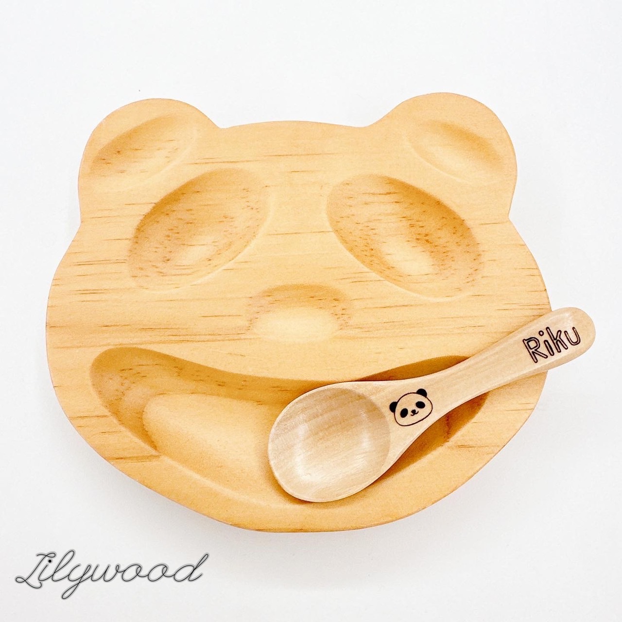 雕刻免费 带名字的勺子 熊猫 儿童餐盘 盘子 木制 辅食餐具 零食盘 辅食勺 礼物 产后礼 Lilywood 产后礼套装 礼品套装