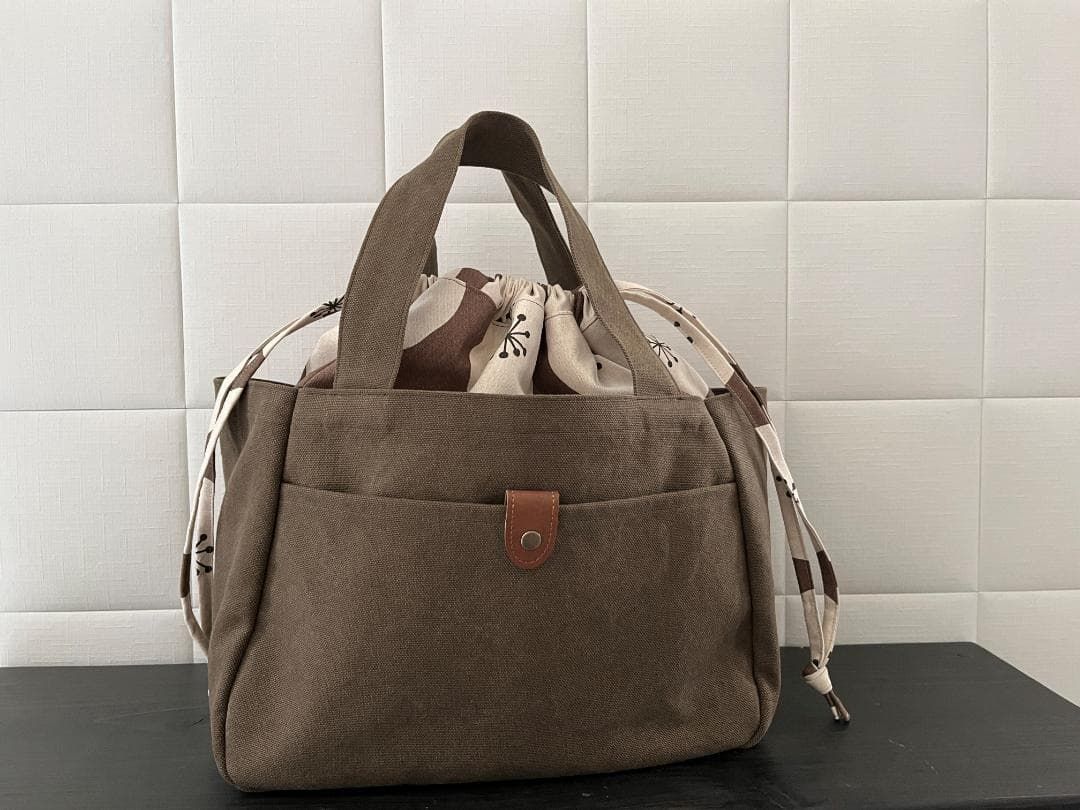 Tote Bag No. 8, Canvas, Solid Color, Drawstring Closure, 33 cm wide x 21 cm high, Brown, KT02