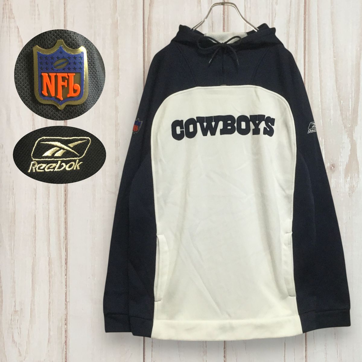 【Reebok NFL官方 COWBOYS 长袖大Logo连帽衫】内里加绒 袖口Logo 拼接设计 套头款 L码 二手