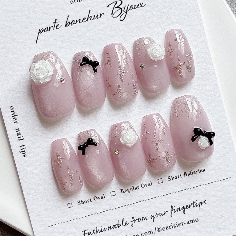 Nail tips actual product dull pink nail tips magnet nail rose nail ribbon Korean nail Wan Hon nail bridal nail same-day shipping completed product