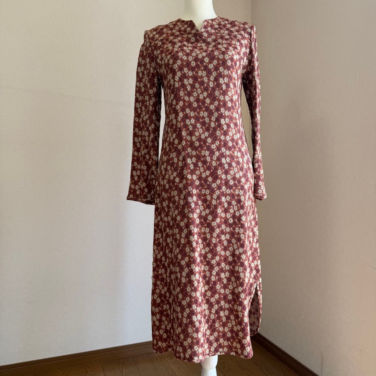 SCOOP CLUB Dress, Floral Print Dress, Brown Tones, Long Sleeves, Retro