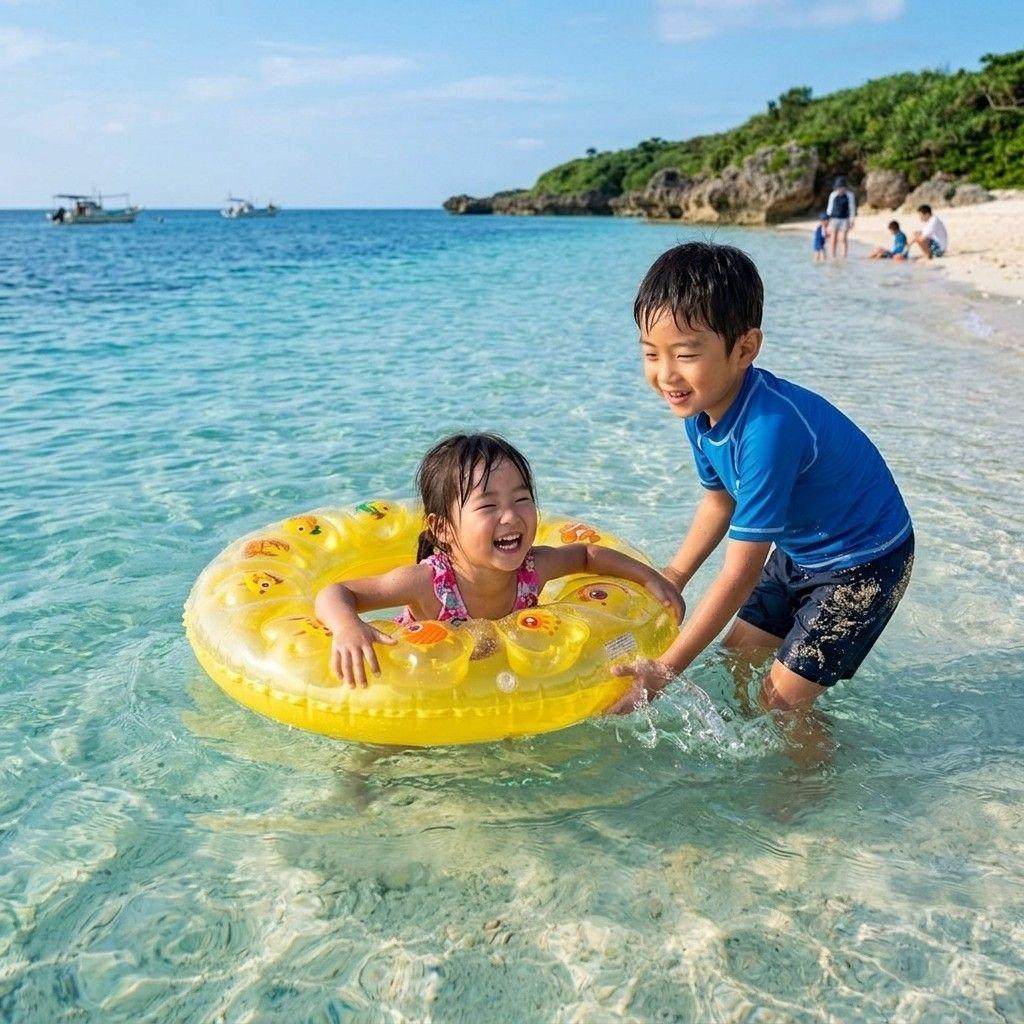 Kids' inflatable ring with sea creature design, safety valve, for pool and beach use, brand new, yellow.