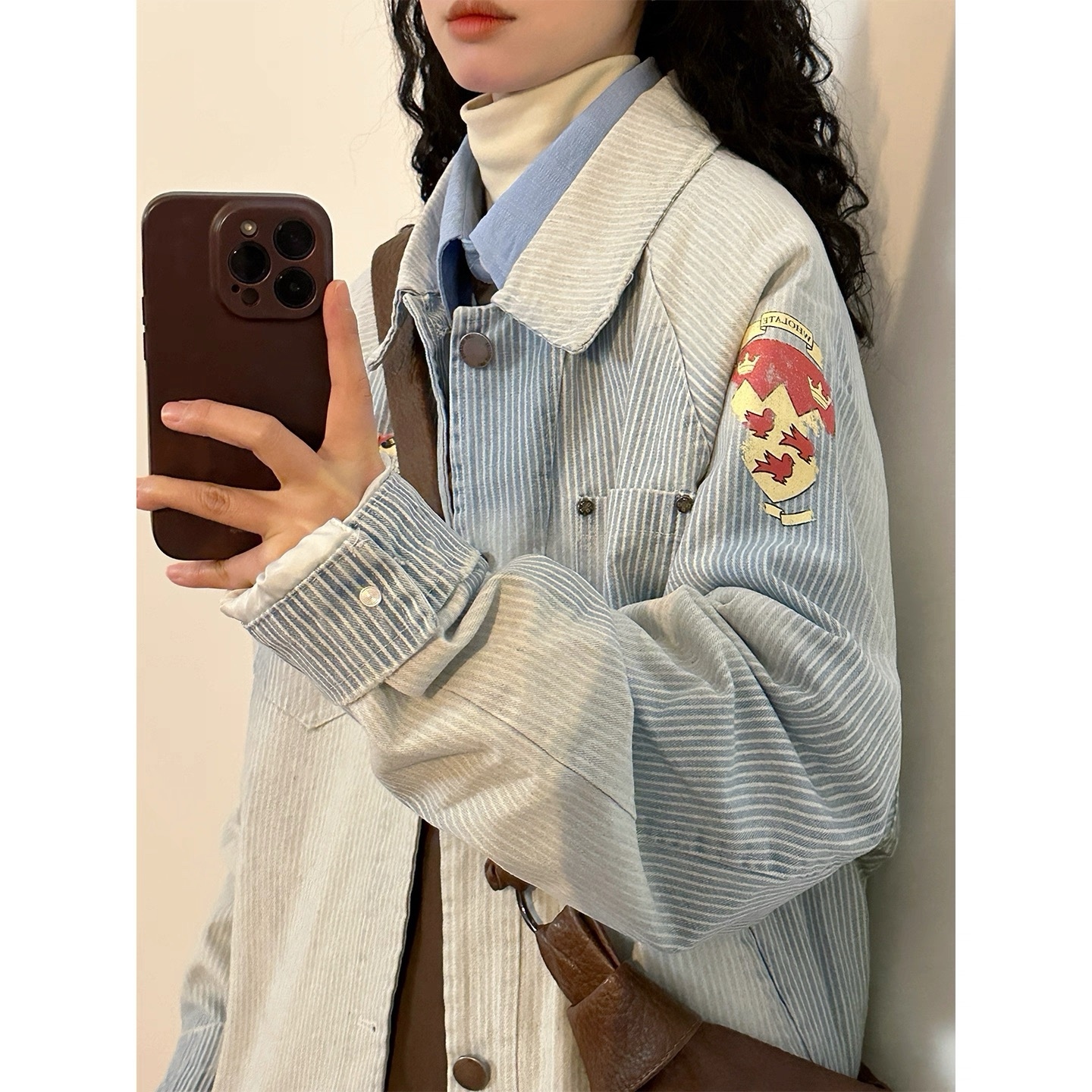🌸春季新品🌸美式复古×街头条纹设计 翻领夹克女士款/宽松版型/刺绣装饰/潮流外套