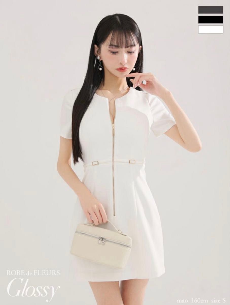 ROBEdeFLEURSGlossy ローブドフルールグロッシー レース ジップ ウエストベルト 半袖 フレア キャバナイトドレス
