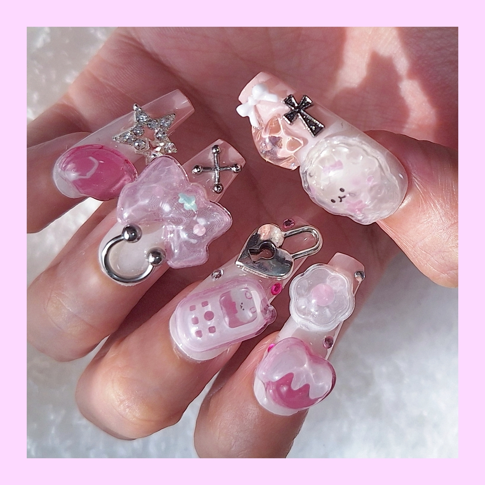 Pink White Heisei Girl Jirai Kei Nail Tips Oshi-katsu Hobby Account Stickers Churun Milky White Baby Boomer French Actual Item Ready to Ship