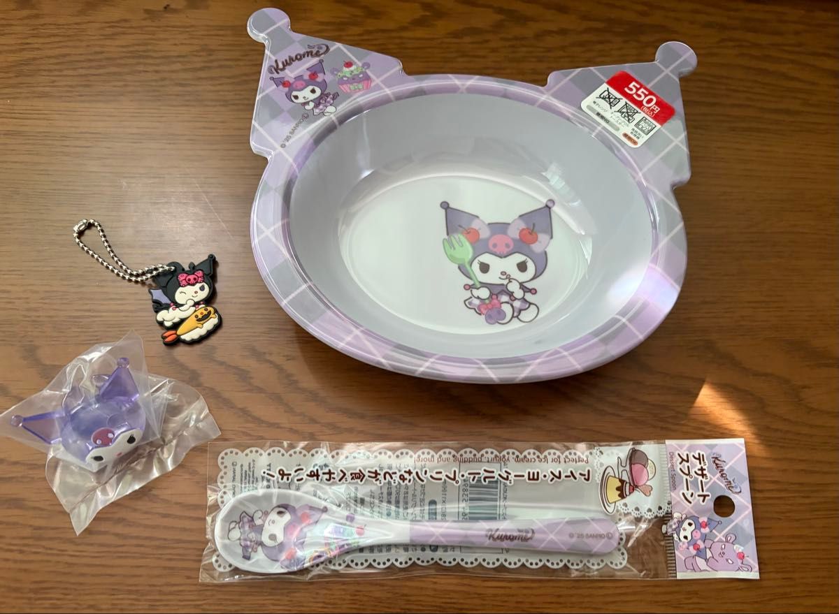 Sanrio Relaxed Time Melamine Dinnerware Set: Die-Cut Deep Plate, Dessert Spoon, and 2 Other Items – 4-Piece Set, Kuromi