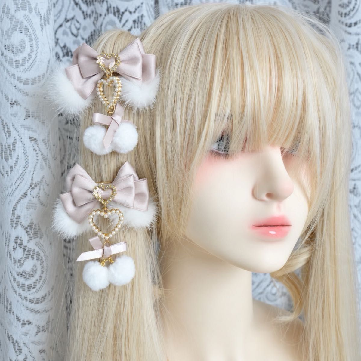 地雷系 ポンポン付き リボン ヘアクリップ セット ピンク 可愛い ハート ファー ヘアピン