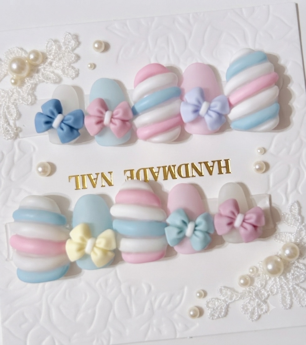[In-Stock] Ribbon Nail Pastel Colors Short Oval Marshmallow Nail Tips