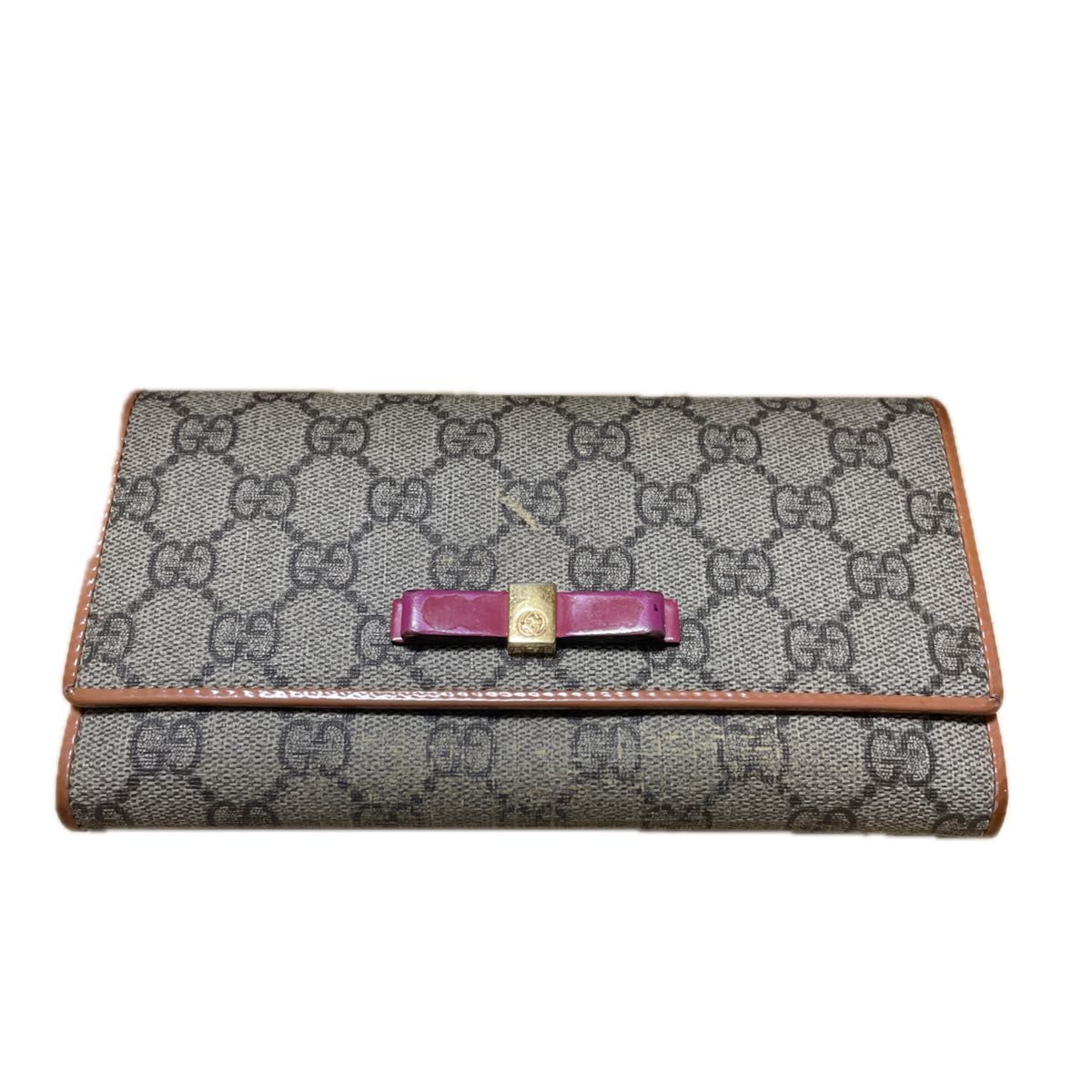 GUCCI Gucci GG Canvas Leather Long Wallet Brown Pink
