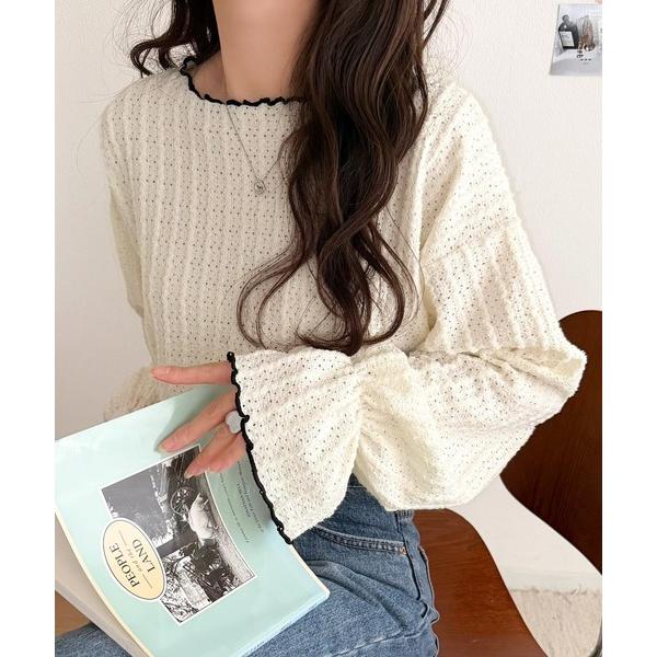 T-shirt with a subtly feminine, sheer look. Candysleeve color-blocked melange top with openwork knitting for women