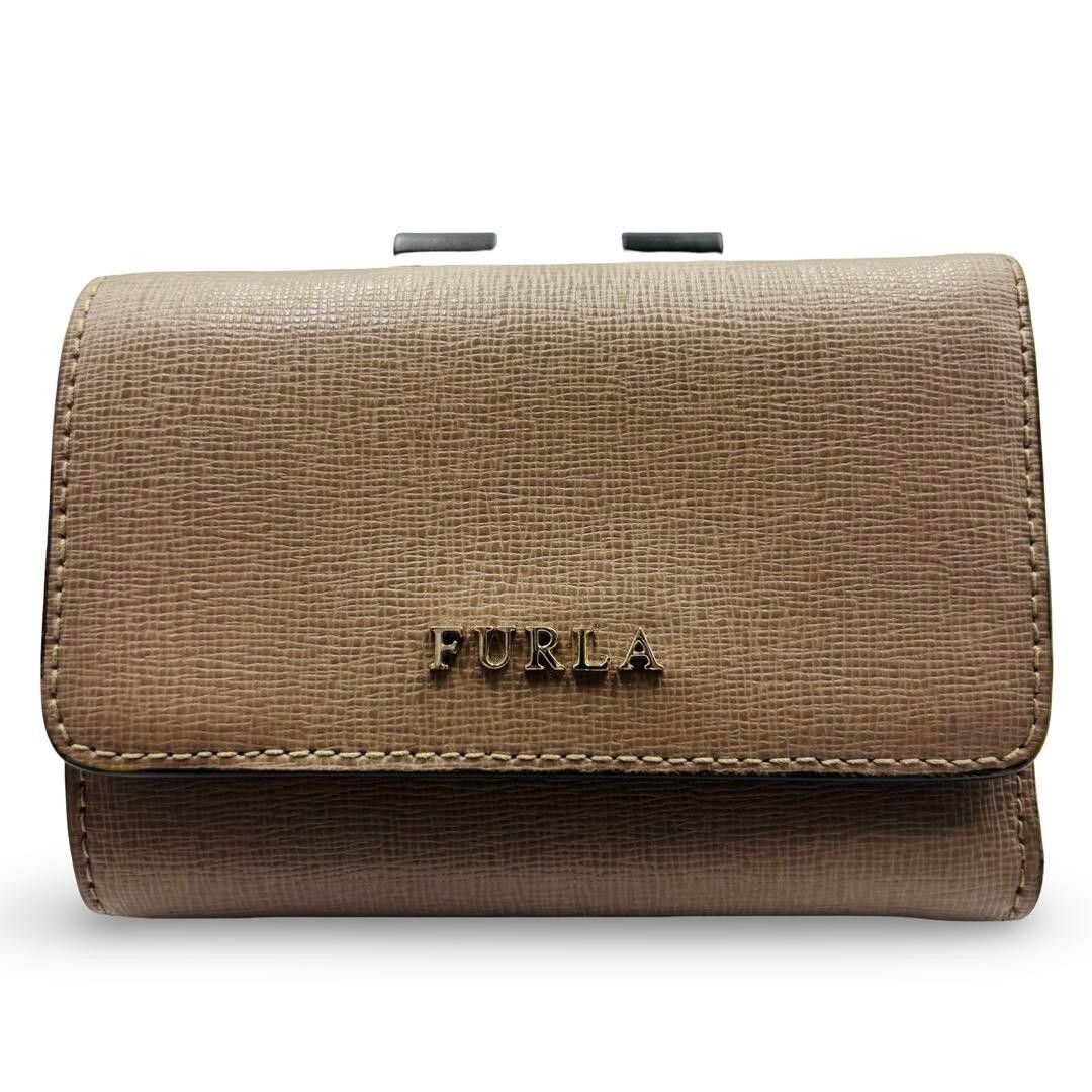 FURLA Furla Trifold Wallet Leather Beige Compact Logo Women’s Mini Wallet Coin Pocket Gold Hardware Genuine Leather Popular Item