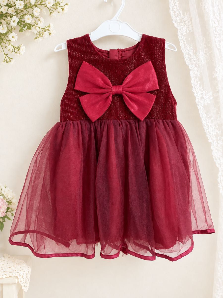 新品・未使用 女童连衣裙 礼服 波尔多红 蝴蝶结 正式场合