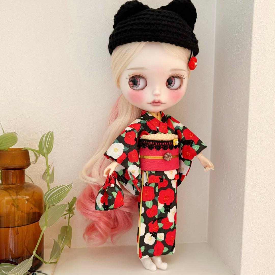 Blythe Doll Black Cat Outfit Kimono Set - Lilliput Size - Tsubaki by Ume Momo Kofukuten