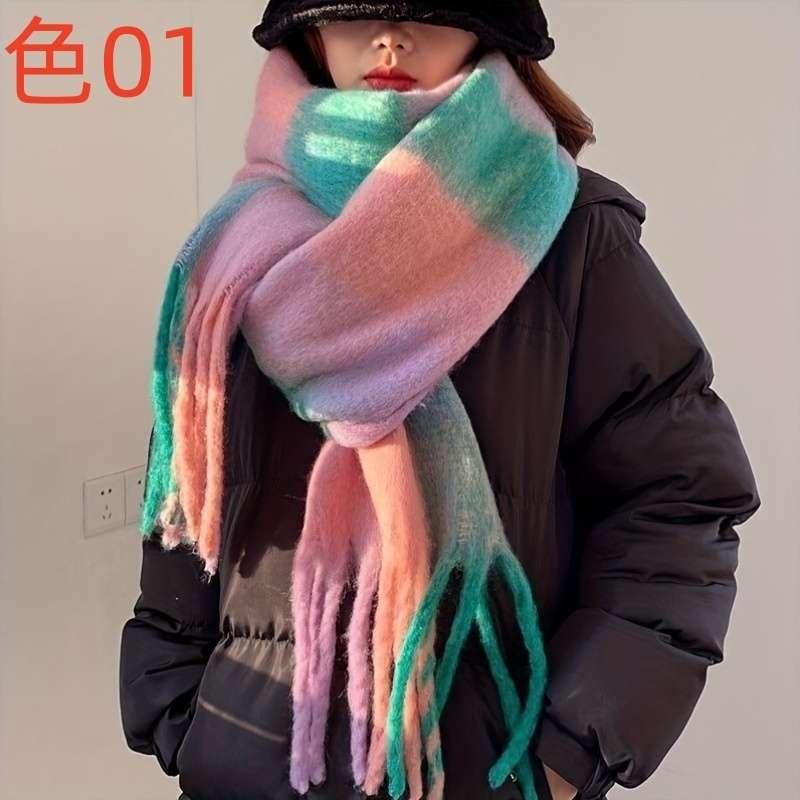 共10色 披肩 波西米亚格纹 流苏围巾 240cm 长款 ・35cm 宽/蓬松仿马海毛·100%腈纶 冬日童话般的柔和彩虹披肩 ( 女用 )MZ074