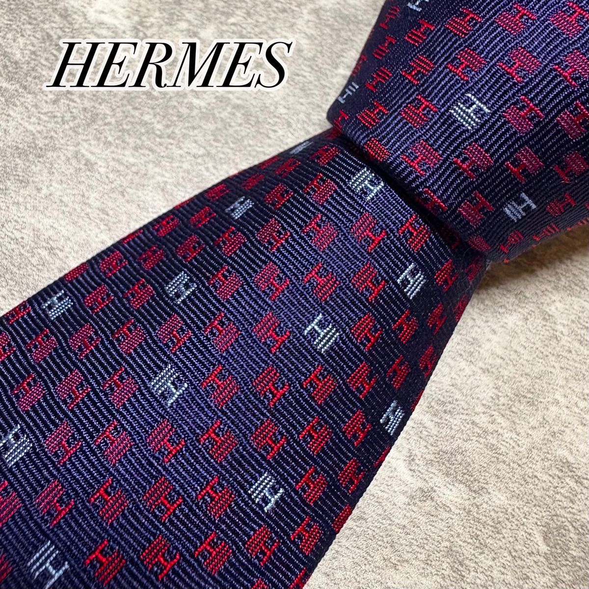 近乎全新 爱马仕 HERMES 领带 窄版领带【H速】 H图案 提花织法 海军蓝 × 红色 法国制造
