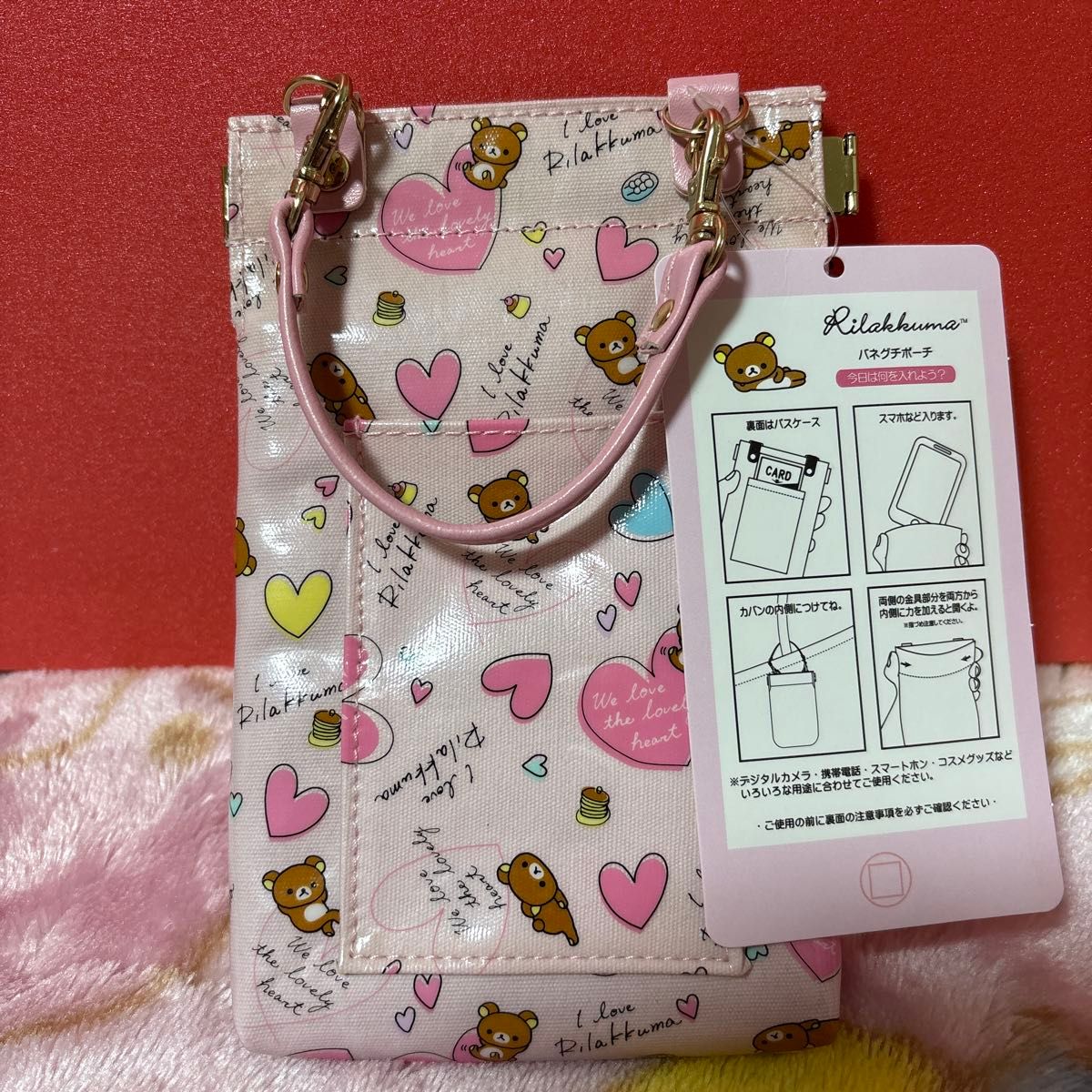 Rilakkuma Spring-Opening Pouch Pink Heart Pattern Smartphone Pouch Card Case