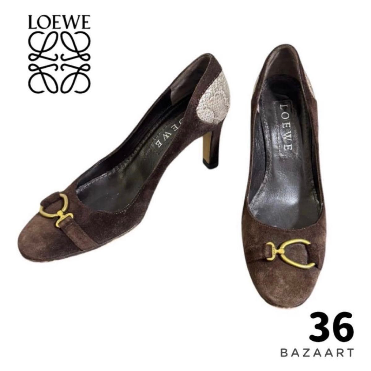【高档】LOEWE 罗意威 绒面革高跟鞋 蛇皮拼接 金属配件 棕色 带金色五金 36码