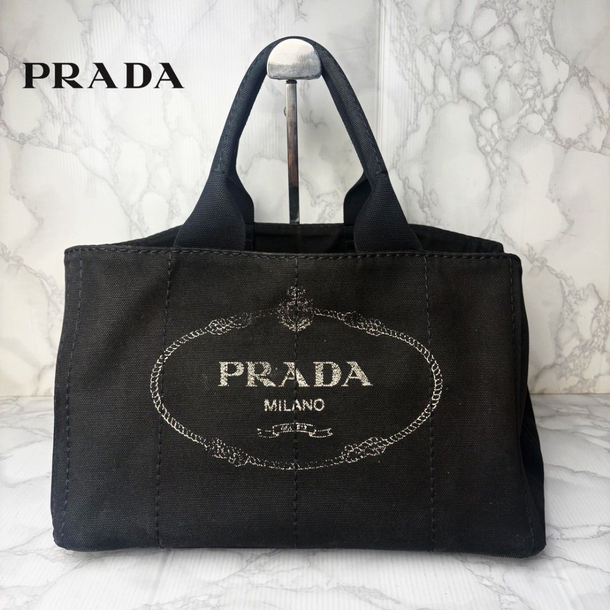 092极美品PRADA普拉达卡纳帕手提包黑色牛仔布黑色