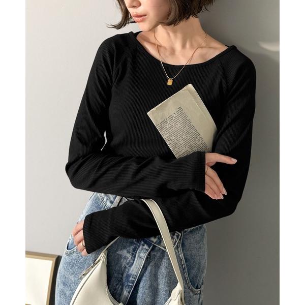 tシャツ デコルテラインを美しく演出。クルーネックリブトップス(長袖) レディース