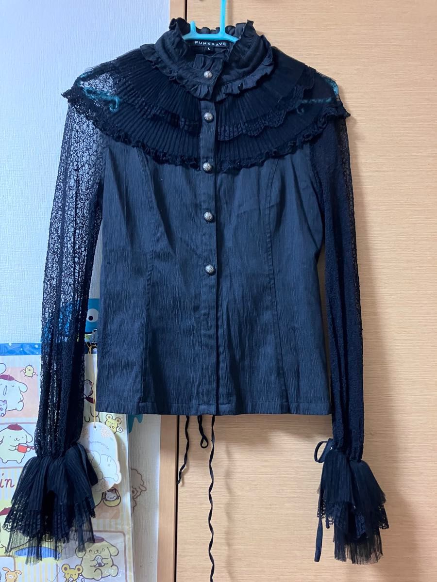 PUNK RAVE Gothic-style frilled blouse, long-sleeved, black, size L