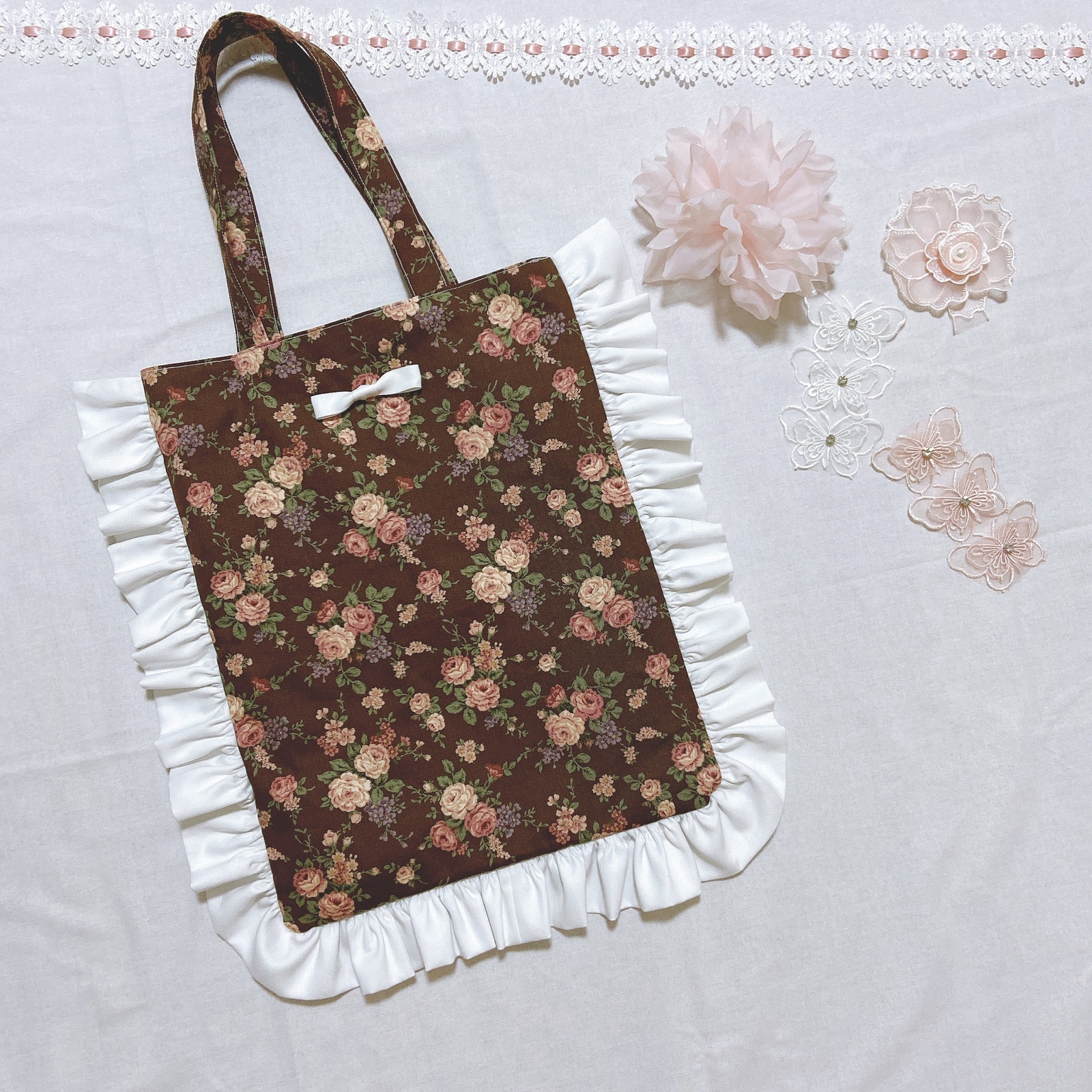 ♡花卉图案托特包♡ 棕色 成熟女性 荷叶边公主风 量产型 洛可可风格 欧洲杂货
