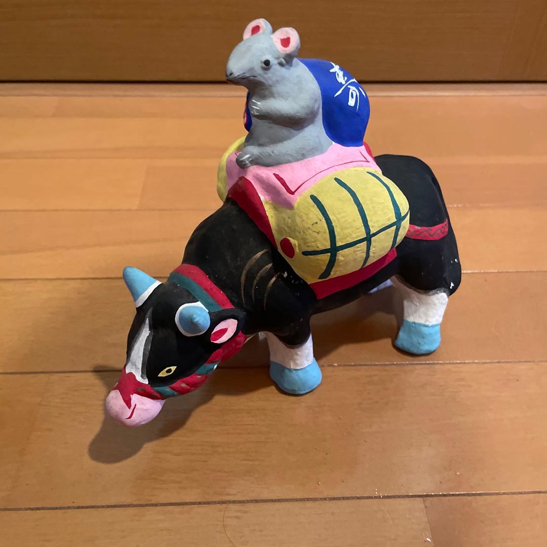 牛乗りねずみ 土人形 小幡人形