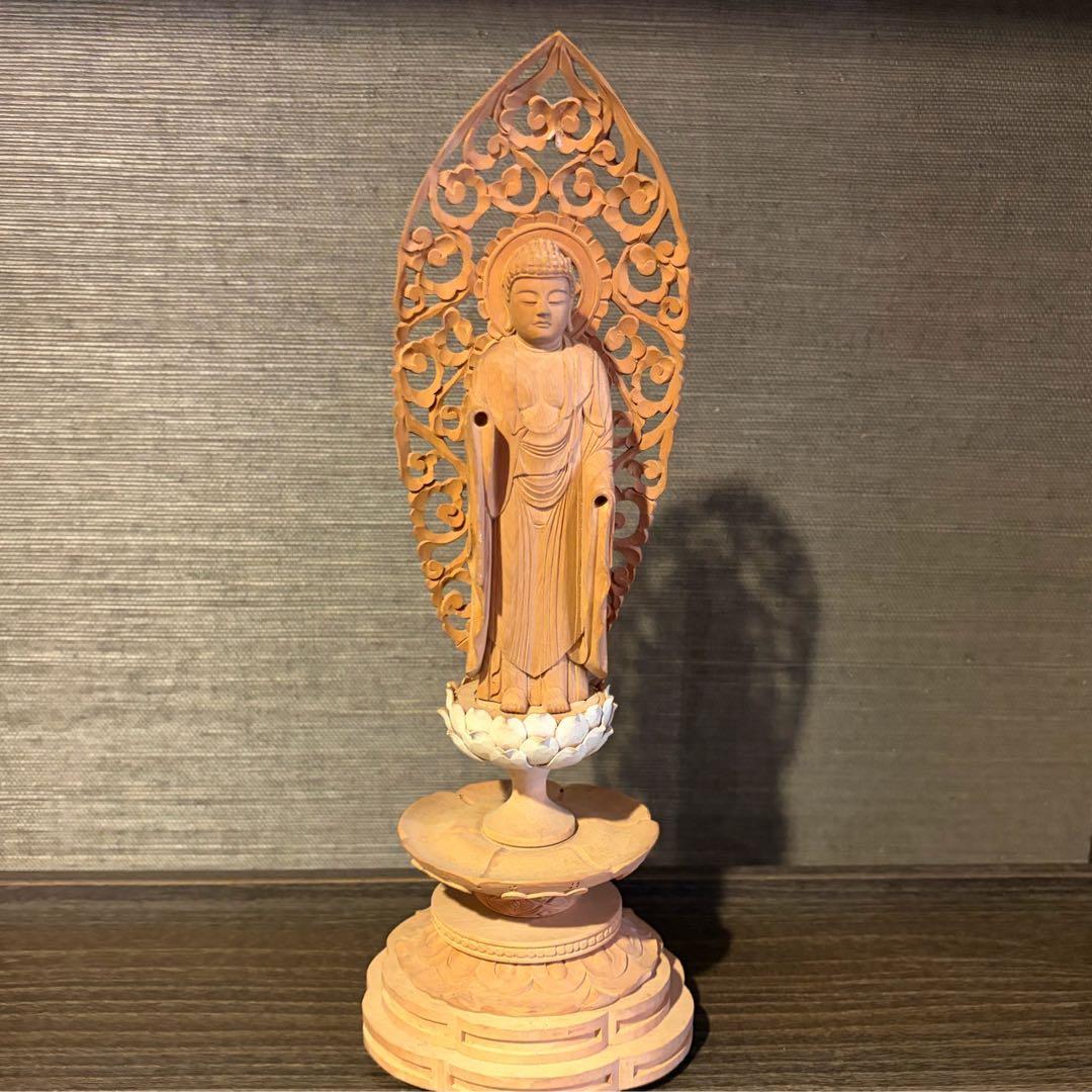 Amida Nyorai Standing Statue Amulet with Defects, Japanese Interior Ornament. Antique Vintage