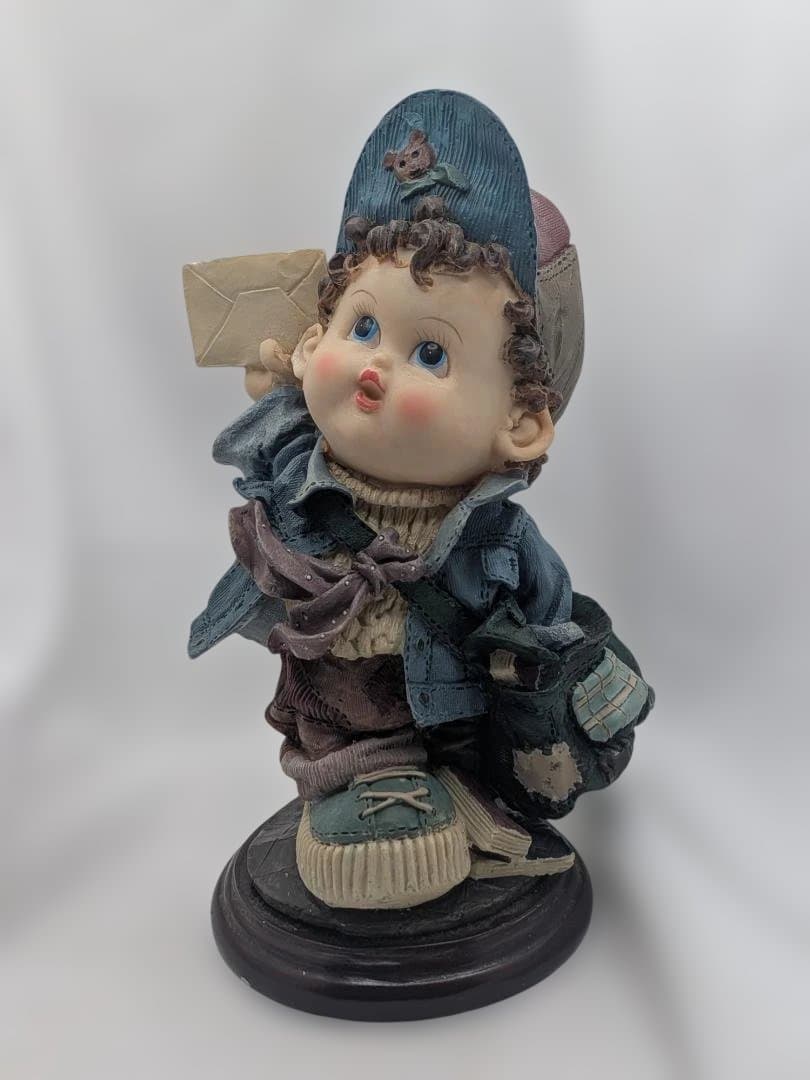 Boy Holding Letter Figurine, Country Style, Blue Hat, with Base, Approx. 23.5 cm Tall