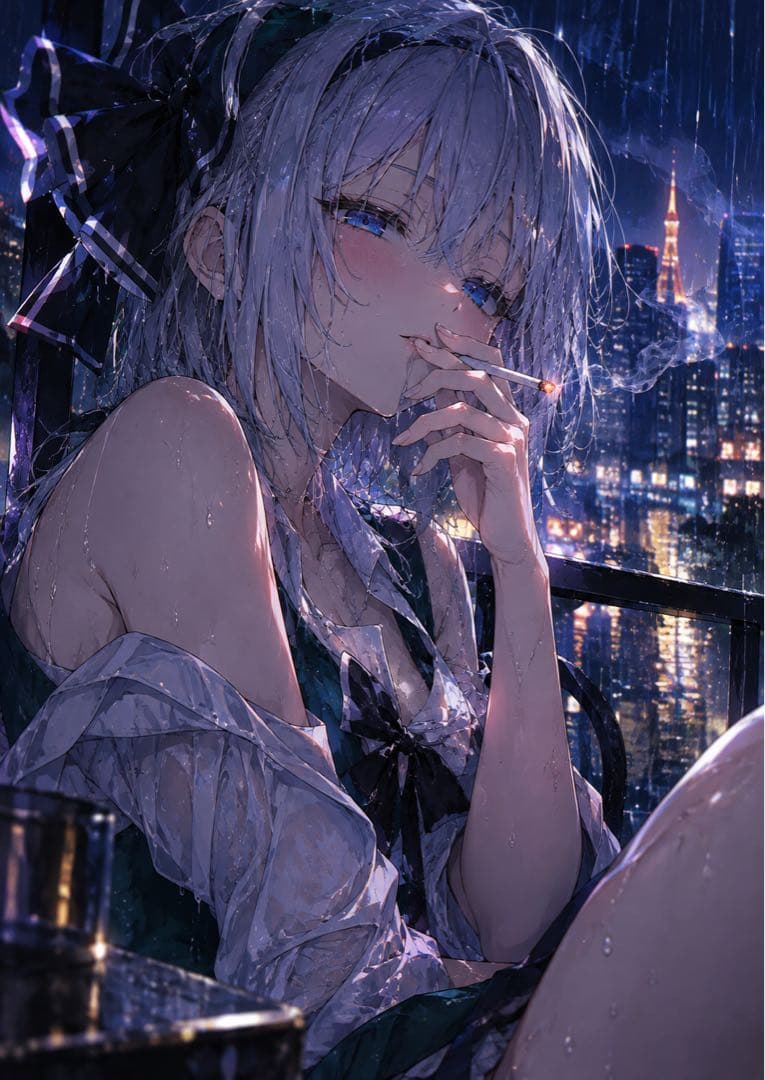 东方Project 粉丝艺术 夜景 雨 湿发 香烟 黑暗 插画