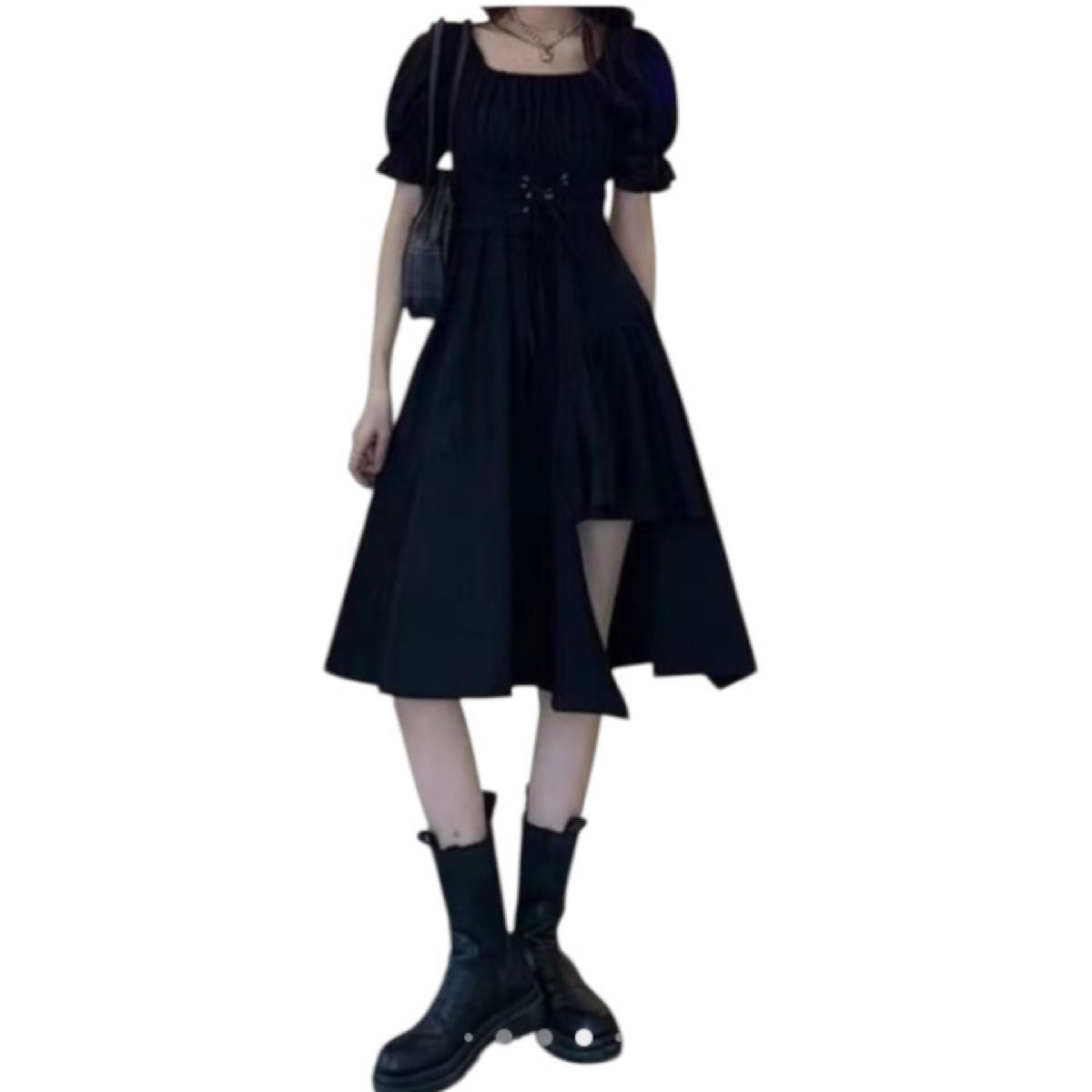【未使用タグ付き】Mejoul パフスリーブ 黒アシメントリーワンピースM